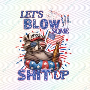 USA PNG image with a 4th of July theme digital download. The design features a cute racoon laying in a pool float holding a beer and an American flag with a hat that says merica. With red, white, and blue text that says lets blow some shit up, referring to fireworks. Same color fireworks surrounding image, perfect for Independence Day celebrations.