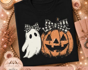 Preppy Pumpkin Ghost PNG: Checkered Bow Halloween (Digital Download)