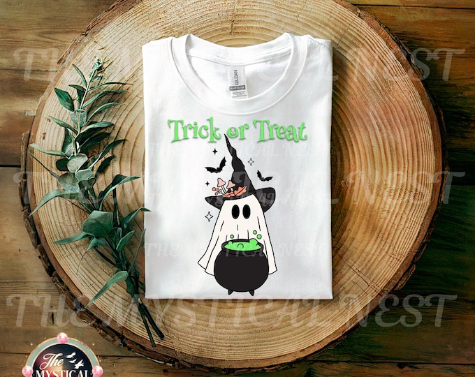 Halloween PNG Sublimation, Trick or Treat, Neon Green, Witchy Ghost PNG, Digital Download, Witch Cauldron, Halloween Crafts, Spooky Design