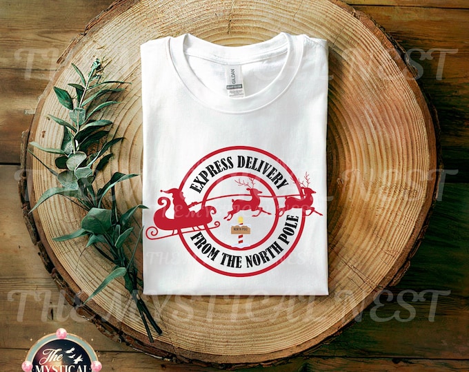 North Pole Express Delivery PNG, Christmas Sublimation Digital Download, Christmas Clipart, Santa Sleigh, Christmas Stamp, Christmas Tag