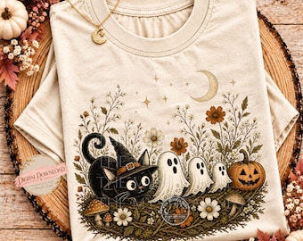 Black Cat PNG with Ghosts, Vintage Halloween Artwork for Digital Download