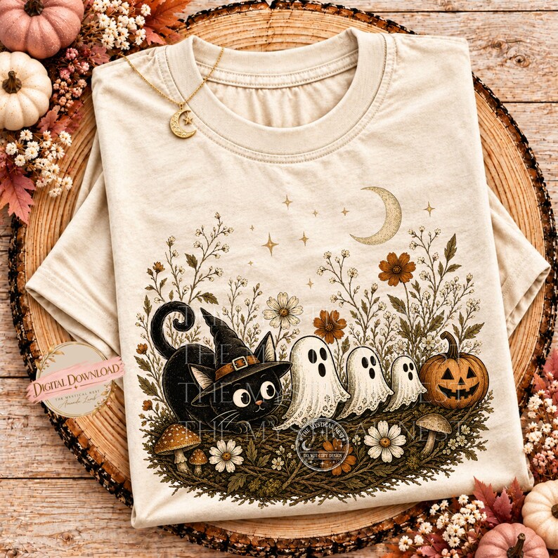A beige crewneck t-shirt with a vintage-style Halloween illustration featuring a black cat in a witch hat, three ghosts, a jack-o-lantern, flowers, and stars.