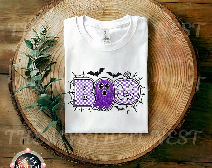 Checkered Boo Ghost Halloween PNG, Cute Halloween Sublimation Design, Spooky Season, Digital Download, Trendy Halloween, Purple Ghost