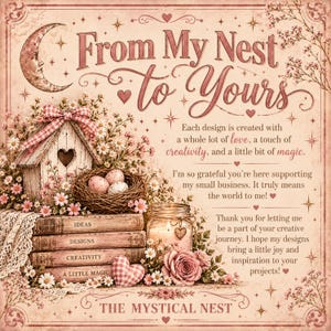 A vintage-style message card expresses gratitude from the shop owner amidst floral and bird illustrations.