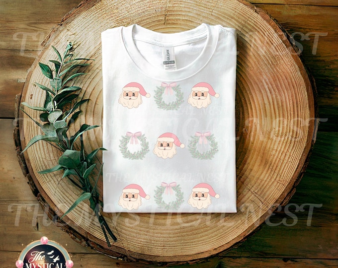 Vintage Pink Christmas Clipart, Pastel Wreath, Pink Santa (Digital Download)