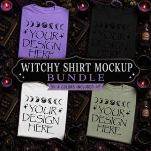 May include: A bundle of four t-shirts in purple, black, white, and olive green. Each shirt features a black graphic print of moon phases and the text "YOUR DESIGN HERE". The shirts are arranged in a grid layout for a digital product mockup.