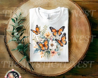 Butterfly Watercolor PNG, Flower Bouquet PNG, Digital Download, Sublimation Printable, Crafting Print, Instant Art, Butterfly Clipart
