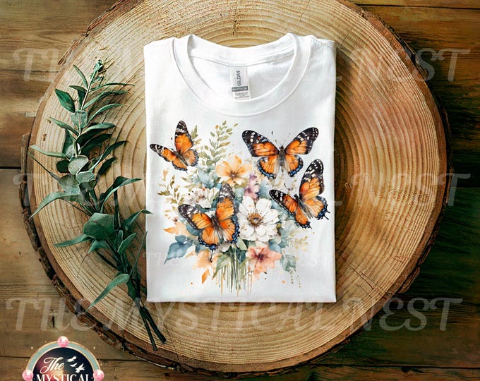 Butterfly Watercolor PNG, Flower Bouquet PNG, Digital Download, Sublimation Printable, Crafting Print, Instant Art, Butterfly Clipart