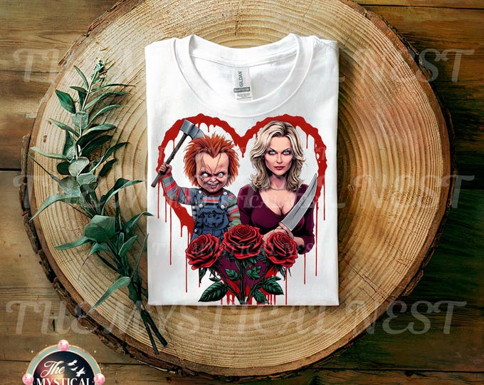 Chucky Horror Heart PNG, Horror Icon Graphic Tee Sublimation, Chucky PNG Sublimation, Rose Graphic, Unisex T-shirt Design
