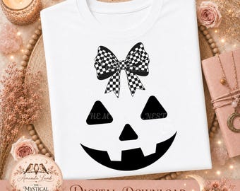 Preppy pumpkin face PNG, checkered bow clipart, girly autumn digital download
