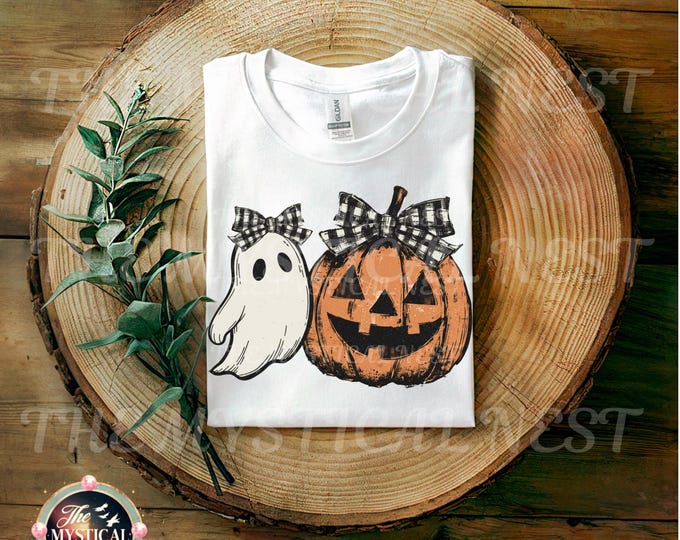 Preppy Pumpkin Ghost PNG: Checkered Bow Halloween (Digital Download)