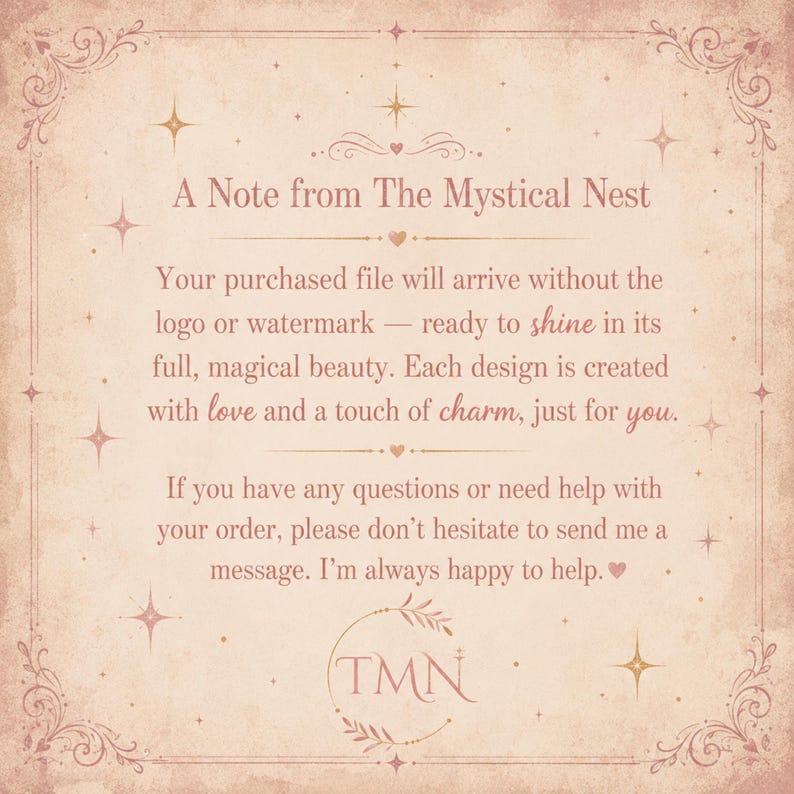 A thank you note graphic on an aged pink background explaining that purchased files will arrive without a watermark or logo.
