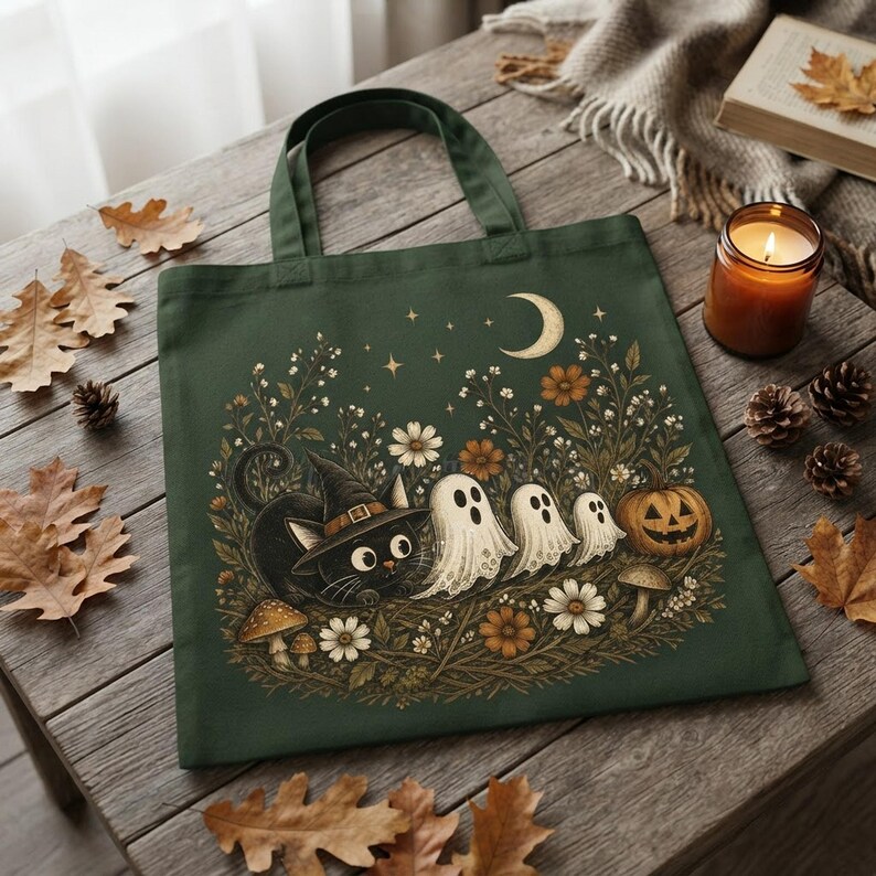A dark green tote bag featuring the vintage black cat and ghost Halloween artwork resting on a wooden table with autumn decor.