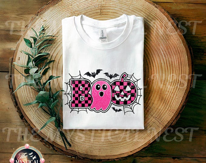 Halloween Boo PNG, Pink Trendy checkered, Ghost Halloween Pumpkin Png, spooky season PNG, fall pumpkin ghost design, Cute Pink Ghost clipart