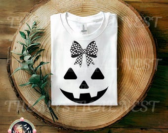 Preppy Pumpkin Face PNG: Checkered Bow Clipart (Digital Download)