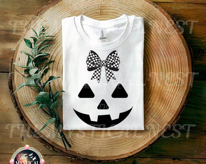 Preppy Pumpkin Face PNG, Checkered Bow, Girly Autumn (Digital Download)