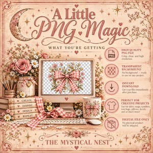 A promotional graphic shows a computer monitor displaying a digital PNG file of a gingham bow with flowers, surrounded by stacked books, flowers, and product features text.