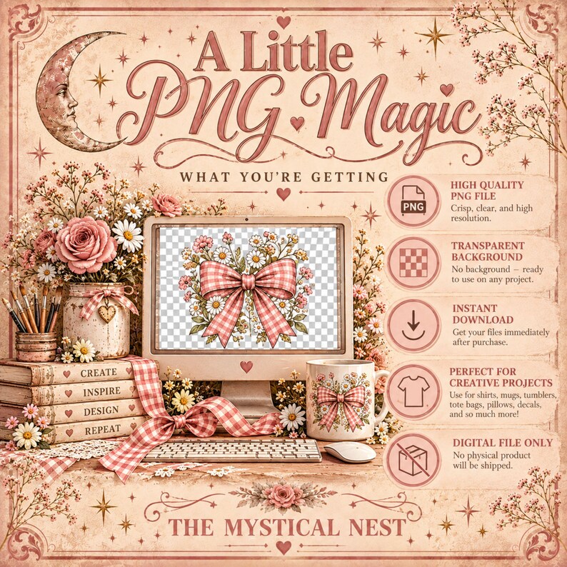 A promotional graphic shows a computer monitor displaying a digital PNG file of a gingham bow with flowers, surrounded by stacked books, flowers, and product features text.
