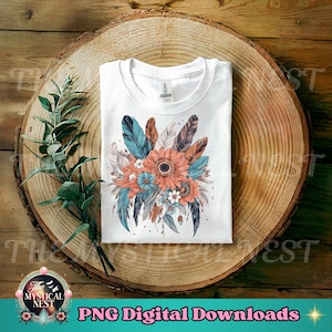 Boho Feathers and Flowers PNG: Bouquet Clipart (Digital Download