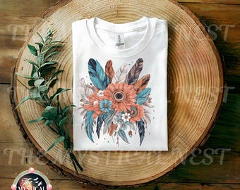 Boho Feathers and Flowers PNG, Boho Bouquet, Feather Clipart, Flower Clipart, Boho Decor, Digital Download, bohemian clipart