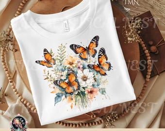 Imágenes prediseñadas de mariposas en acuarela: Ramo de flores PNG (Descarga digital)