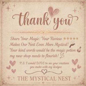 A review request graphic on an aged pink background featuring brown text reading thank you and asking customers to leave a review.