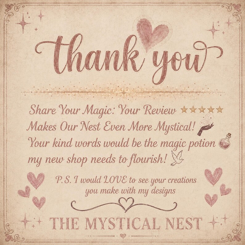 A review request graphic on an aged pink background featuring brown text reading thank you and asking customers to leave a review.