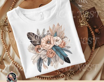 Flores y plumas estilo boho en acuarela PNG: Diseño para sublimación (descarga instantánea)