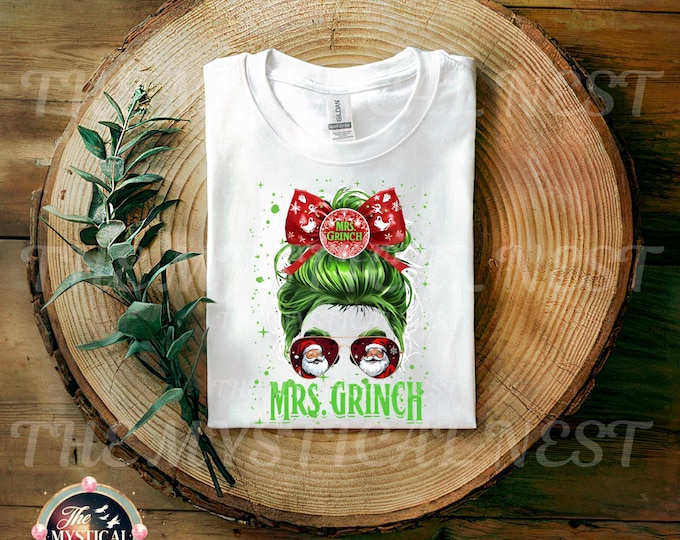 Christmas Messy Mom Bun PNG, Christmas Clipart, Merry Grinchmas, Mrs. Grinch, Mom Life PNG, Trendy Christmas Shirt Design