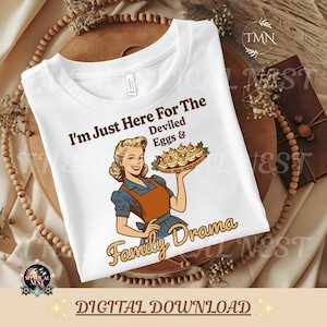 Imagem PNG engraçada de uma dona de casa retrô de Ação de Graças, com ovos recheados (download digital)