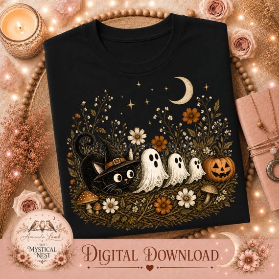 Black Cat PNG with Ghosts, Vintage Halloween Artwork for Digital Download