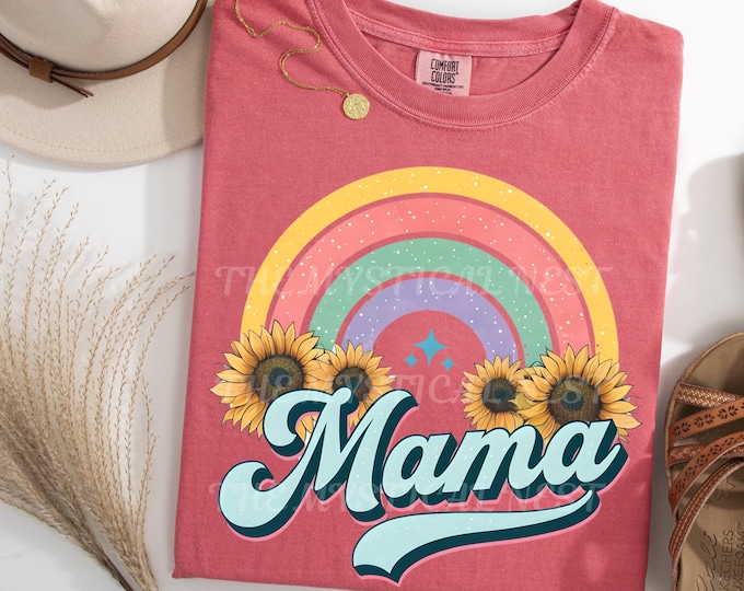 Retro Mama PNG: Sunflower Rainbow Graphic (Digital Download)
