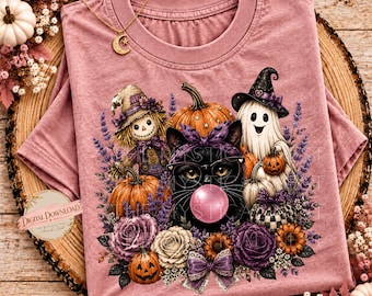Black Cat Png, Floral Halloween Sublimation Design with Ghost and Pumpkins