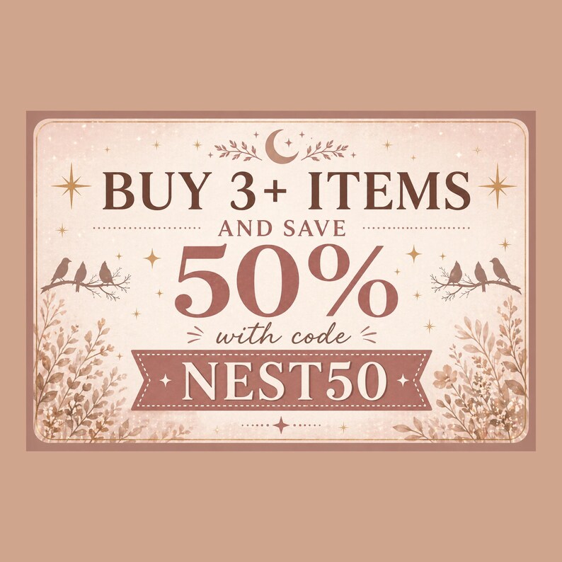 Boho celestial promo graphic, buy 3 items save 50 percent with code NEST50,  the mystical nest digital download sale banner with moon stars birds and floral design