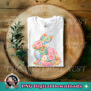 Clipart di coniglietto con patchwork floreale in formato PNG, illustrazione di coniglio ad acquerello, grafica primaverile/pasquale, coniglietto carino in stile cottage, design creativo stampabile.