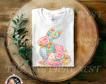 Floral Patchwork Bunny Clipart PNG, Watercolor Rabbit Illustration, Spring Easter Graphic, Cute Cottage core Bunny, Printable Craft Design