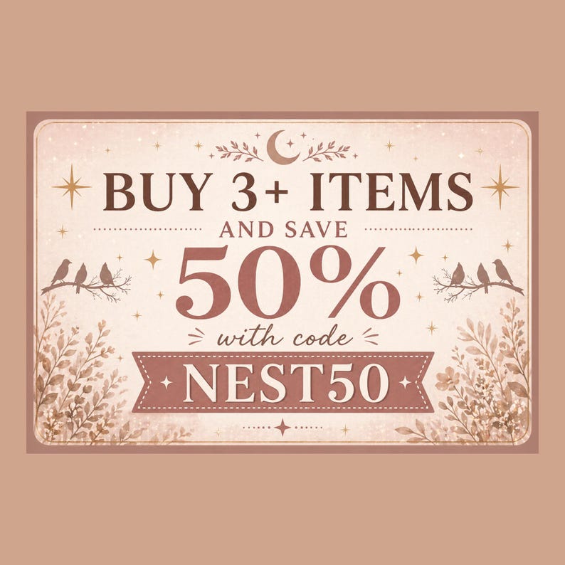 Boho celestial promo graphic, buy 3 items save 50 percent with code NEST50,  the mystical nest digital download sale banner with moon stars birds and floral design