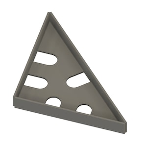 May include: A gray triangular shelf with four cut-out circles. The shelf is made of plastic and has a smooth surface.