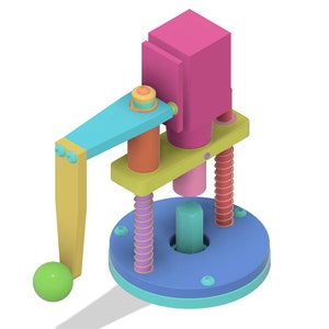 May include: A colorful, multi-part, 3D printed toy machine with a lever, a spring, and a round base. The machine is made of pink, blue, green, yellow, and orange plastic.