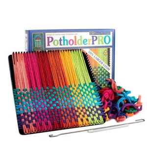 May include: A colorful potholder weaving kit with the text "Potholder PRO" on the box. The kit includes a black loom with woven potholder, colorful yarn in shades of pink, red, orange, yellow, green, blue, and purple, and two metal tools.