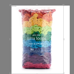 May include: A transparent bag containing a selection of colourful looped yarn. The yarn is arranged in a rainbow gradient, with red, orange, yellow, green, blue, and purple shades. Text on the bag reads "friendly loom", "pro size lotta loops", and "makes 6 potholders".