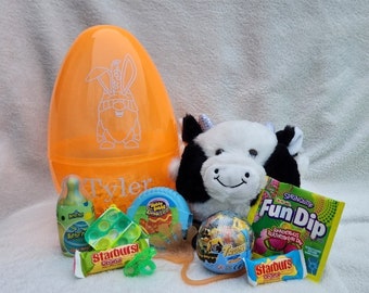 Personalized boys JUMBO Easter egg gift set with stuffed animal, construction toy, sticky hand, flashlight, pop it keychain, candy and gum!!
