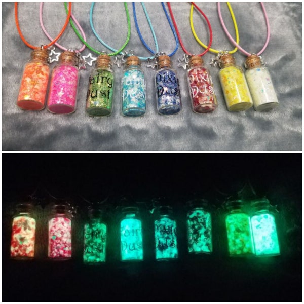 Glow in the Dark glass glitter dust necklace. Jack O' Lantern, Pixie dust, Fairy dust, custom name, or potion bottle glow necklace