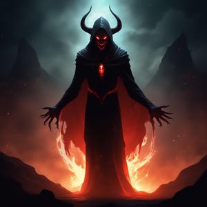 May include: A dark figure with horns and a red glowing face stands in a fiery inferno. The figure is wearing a long black robe with a hood. The background is dark and smoky.