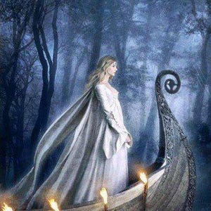 May include: A digital illustration of a person with long blonde hair wearing a flowing white gown, standing in a wooden boat with a curved prow. The boat is decorated with lit torches along the side, set against a dark, misty forest background.