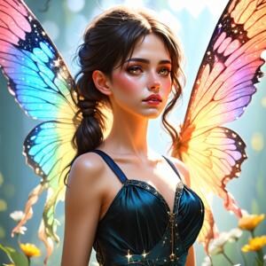 May include: A woman with long brown hair and a green dress has iridescent butterfly wings. The wings have a rainbow of colors, including blue, green, yellow, orange, and pink. The woman is looking at the camera with a soft expression.