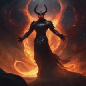 May include: A dark, horned figure with glowing red eyes stands against a fiery background. The figure is wearing a long, black robe and has large, pointed horns. The background is a swirling mass of orange and red flames.