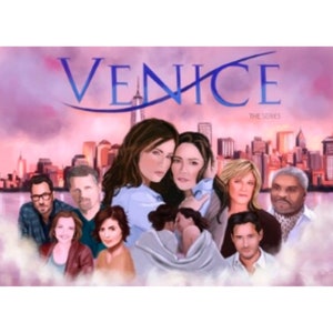 May include: A group of people stand in front of a cityscape with the words "VENICE THE SERIES" in a purple and blue font. The people are smiling and looking at the camera. The cityscape is in the background and is a light pink color.