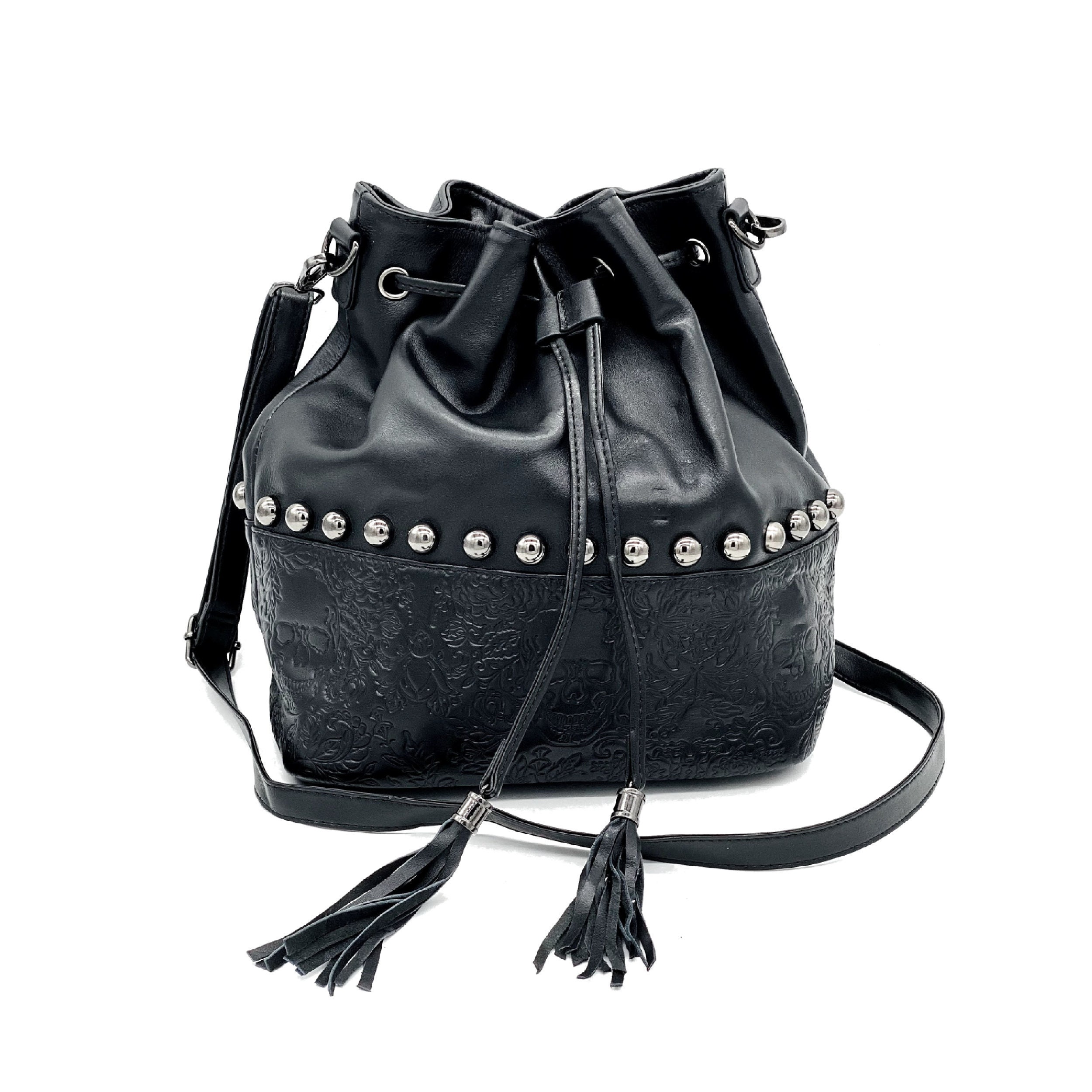 STUDDED SOFT BUCKET BAG - Black