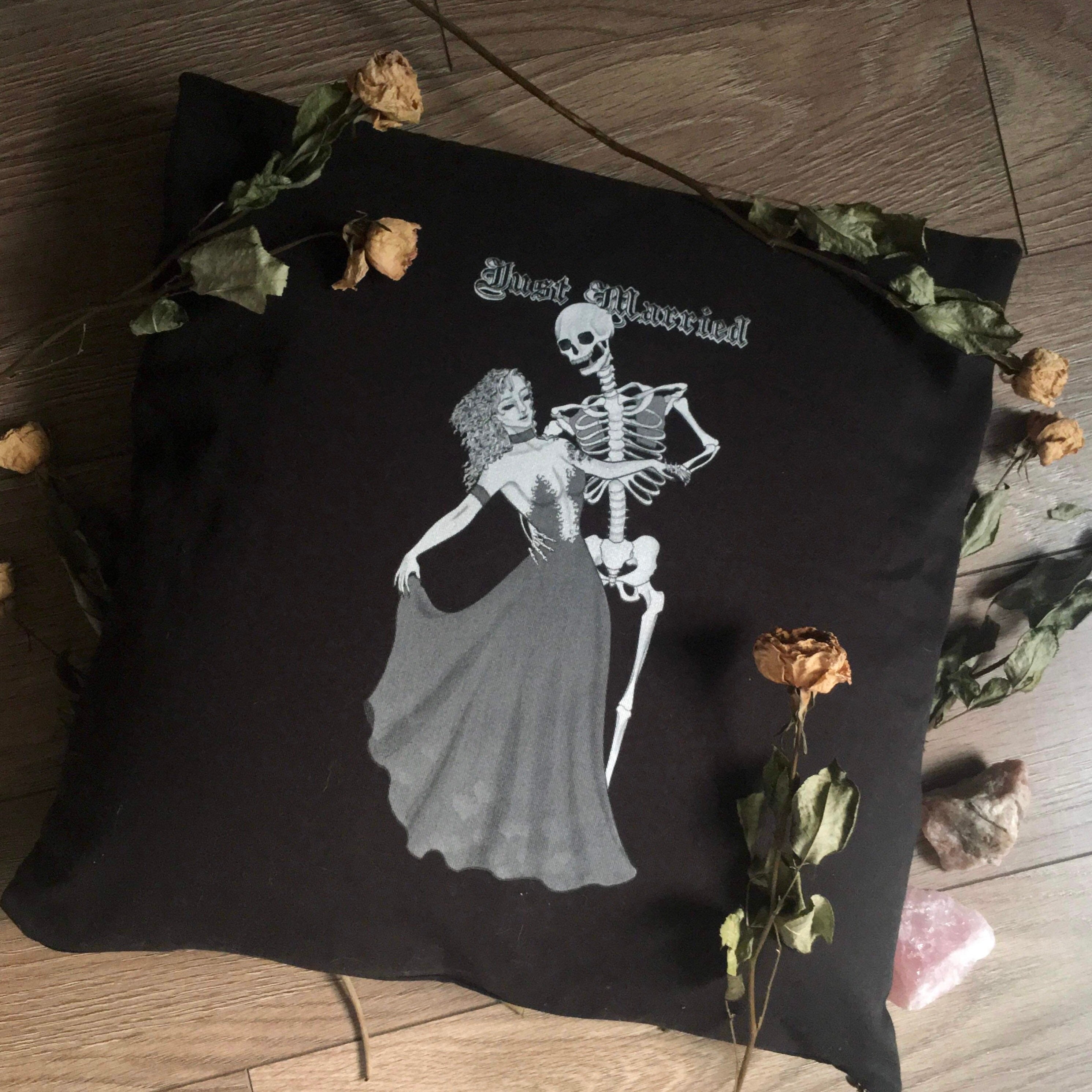 Just Married Gothic Pillow - Black & White Skeletons Pillow